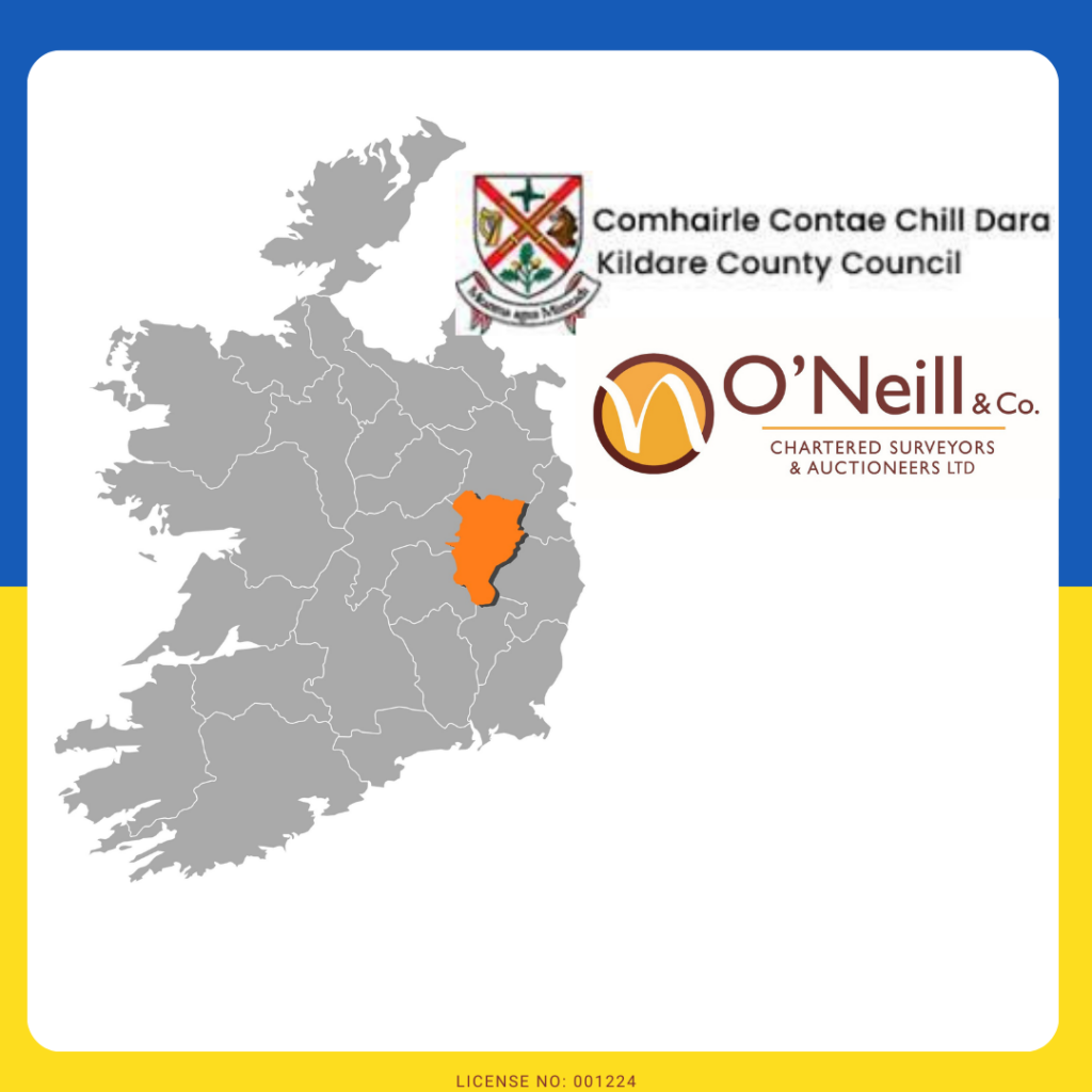 An image showing a map of Ireland with county Kildare highlighted, along with an O'Neill & Co logo, and the Kildare County Council logo